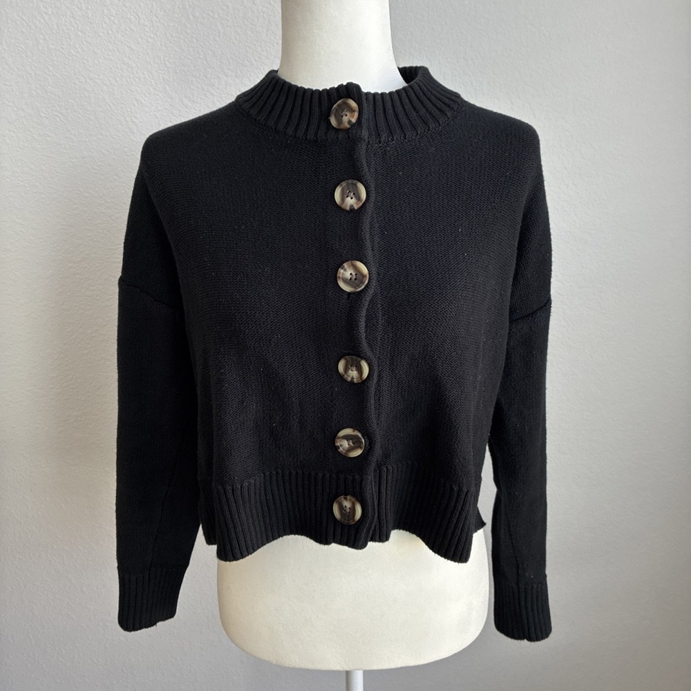 Quince Womens 100% Organic Cotton Cropped Cardigan Sweater Black XS Boxy